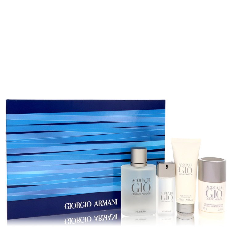 Acqua Di Gio by Giorgio Armani Gift Set -- 3.4 oz Eau De Toilette Spray + .67 oz Mini EDT Spray + 2.5 After Shave Balm + 2.6 oz Deodorant Stick for Men